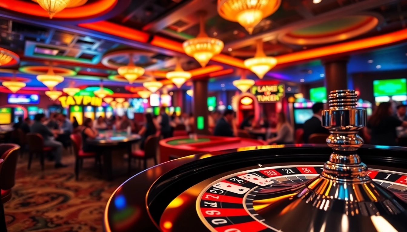 Bermain bandar togel dengan suasana kasino yang meriah dan penuh warna yang mencolok.
