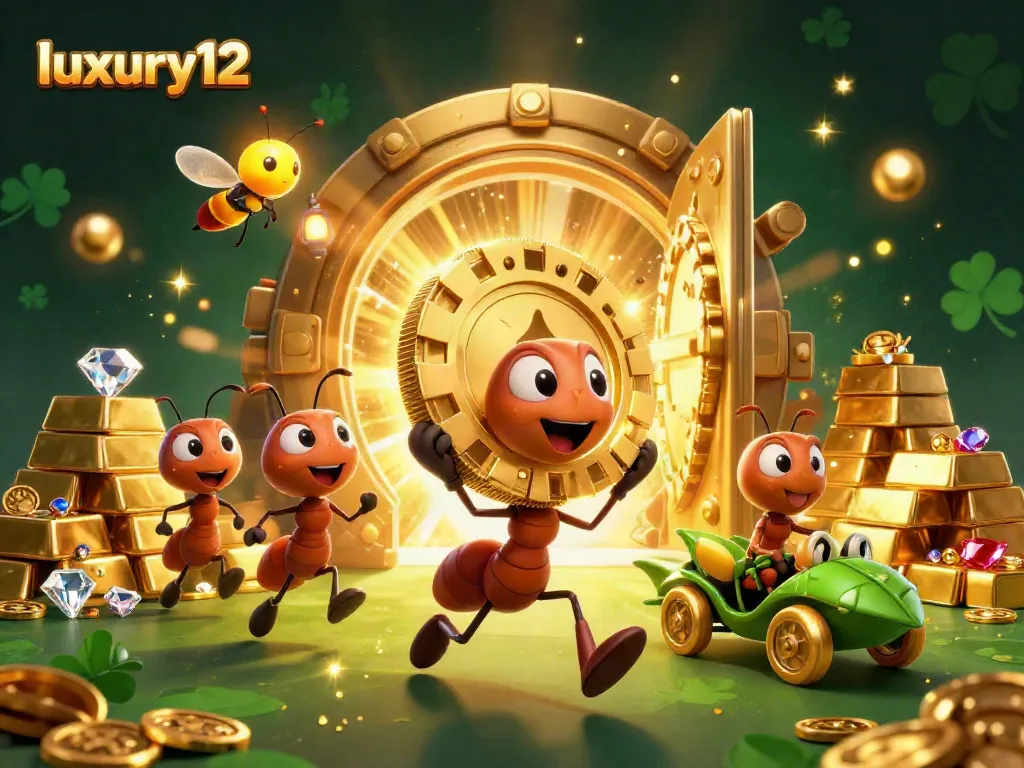 Menangkan jackpot di casino dengan luxury12, tampilan penuh aksi dari semut 3D melarikan chip poker emas.
