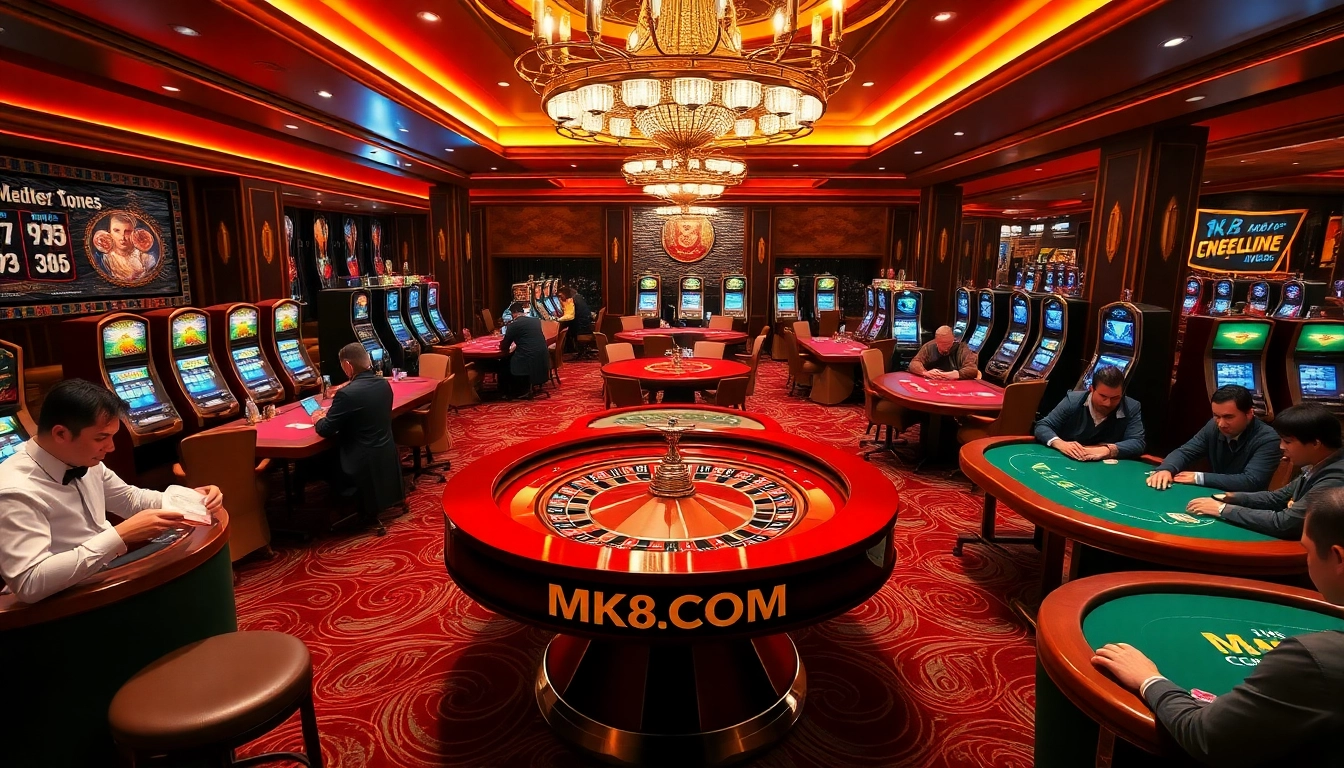High-stakes gambling at MK8.COM featuring elegantly designed roulette and poker tables.