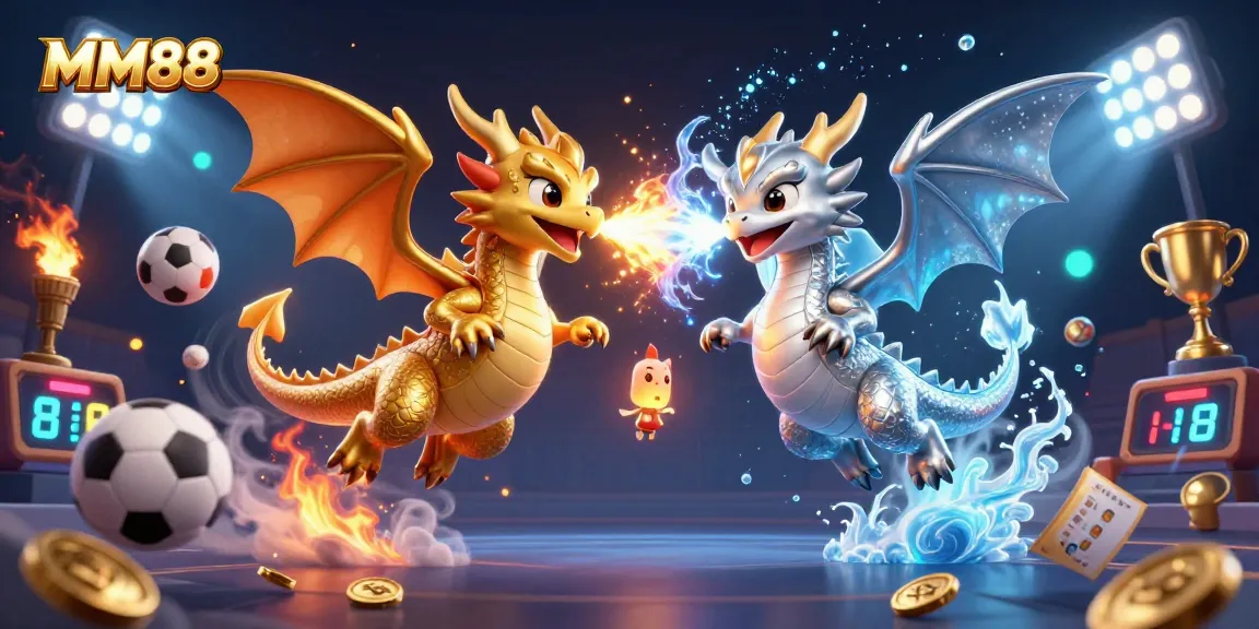Place bets at MM88 while enjoying a 3D dragon battle scene filled with sports elements.