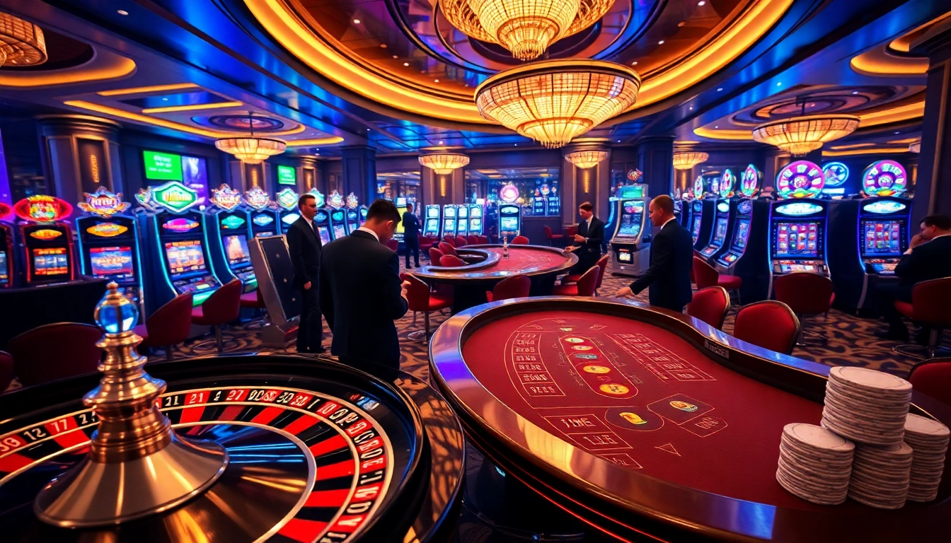 Players enjoying the thrill of MK8thai gaming at a vibrant casino lounge with roulette and blackjack tables.