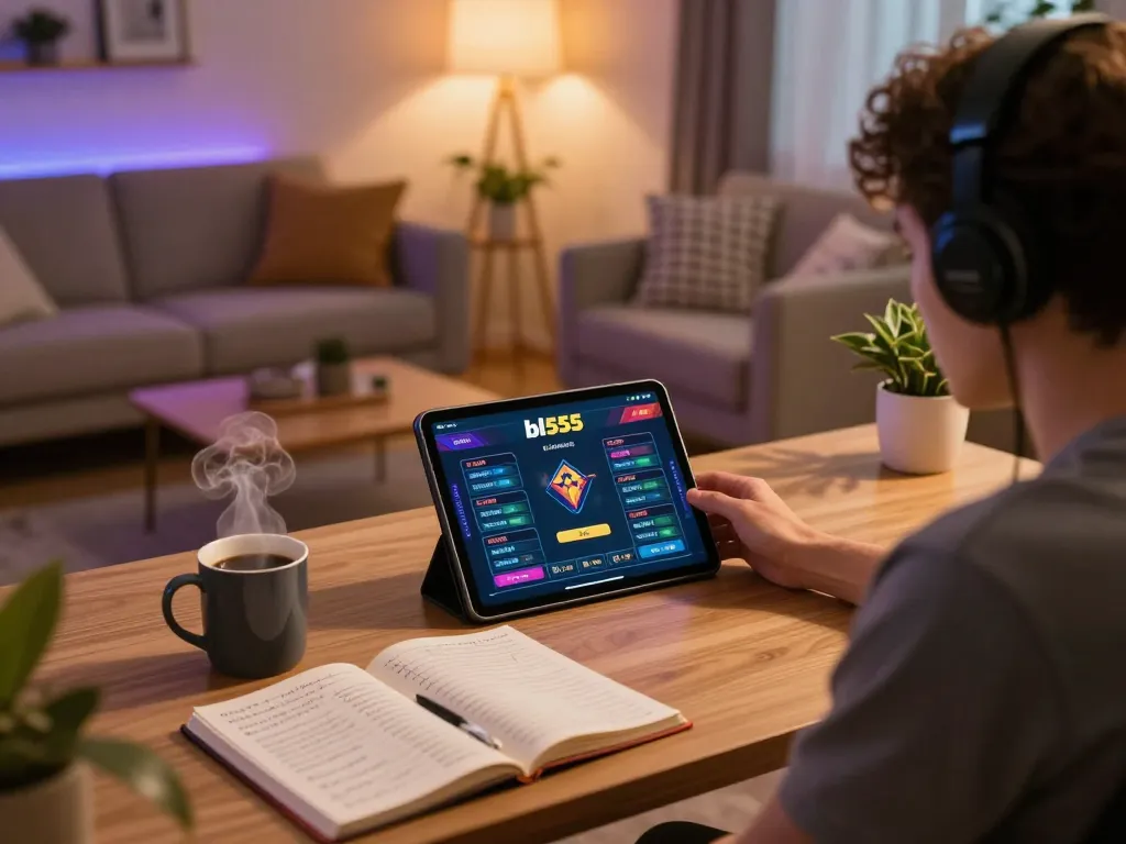 Person engaging in online gaming at bl555, showcasing an exciting betting interface on a tablet in a cozy home setting.