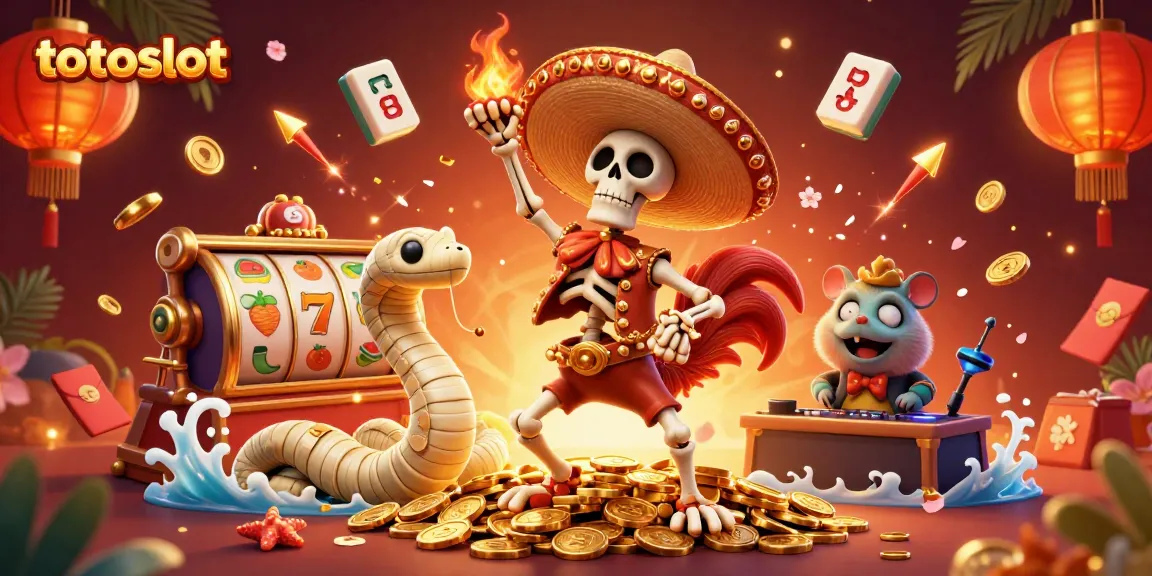 Enjoy vibrant gaming with the totoslot victory dance amidst gold coins and festive casino elements.