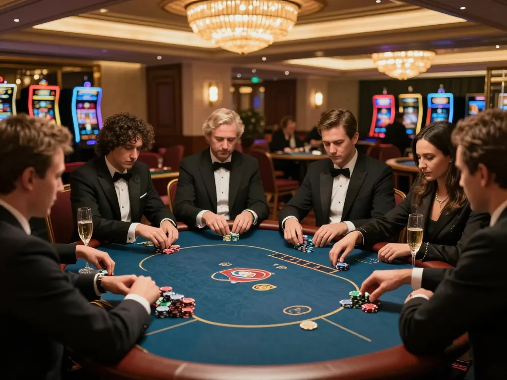 Engaged players in a VIP gaming area focus on poker strategies at Vipwin casino.