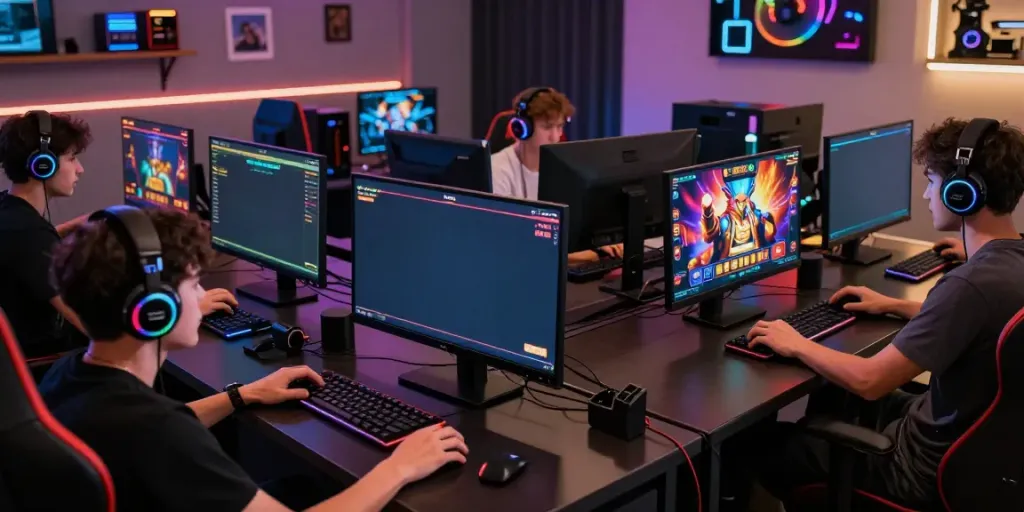 Players enjoying the bro138 gaming hub with vibrant slot game graphics and competitive atmosphere.