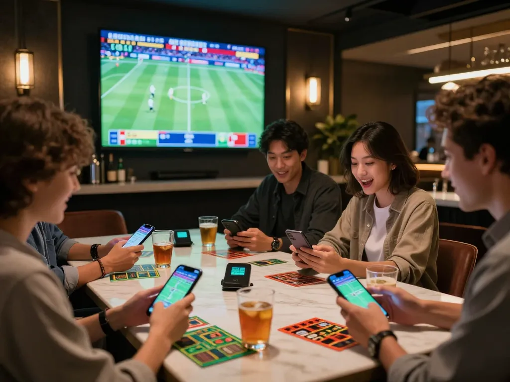 Friends placing bets on mobile at 99OK sports bar, capturing excitement and social interaction.
