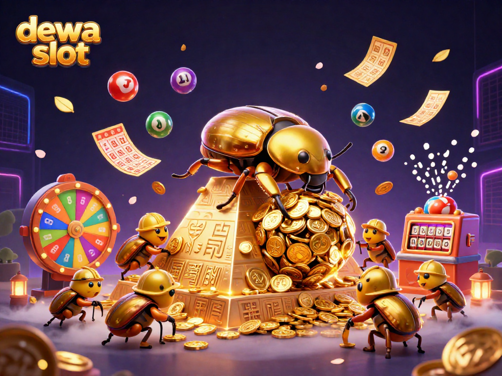 Engage with dewa slot through this vibrant 3D illustration showcasing golden beetles and dynamic gambling elements.
