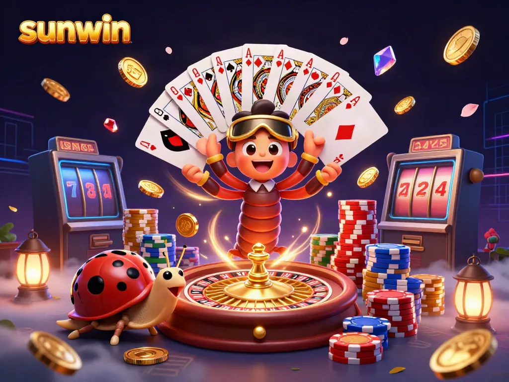 Sunwin's vibrant casino scene showcasing excitement with animated characters, cards, and flying coins.