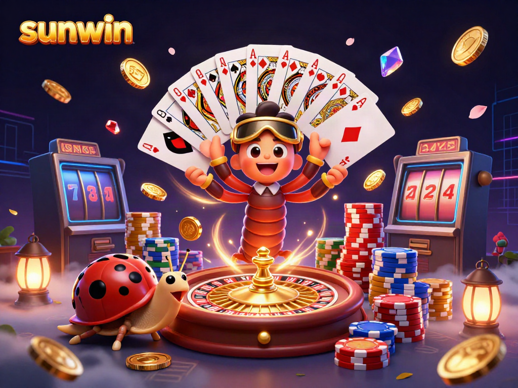 Sunwin's vibrant casino scene showcasing excitement with animated characters, cards, and flying coins.