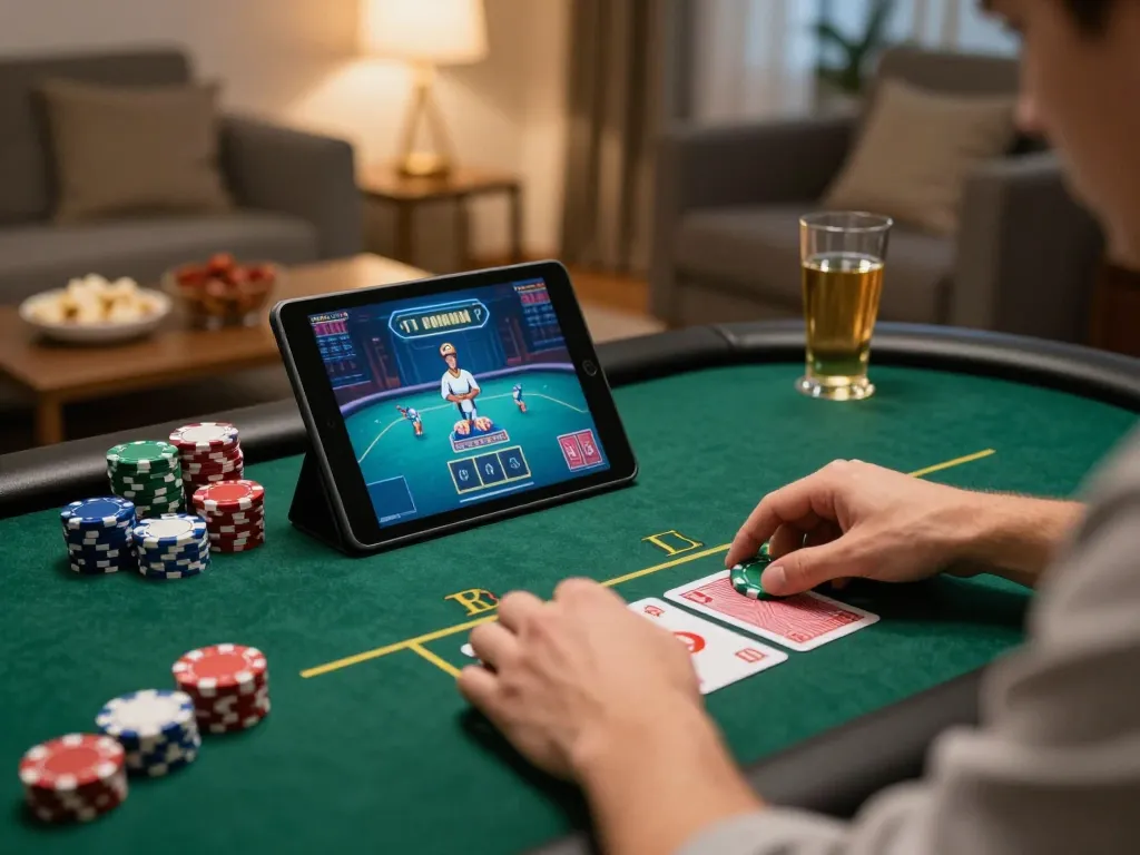 Player engaging in a thrilling online poker game on a tablet, showcasing kuwin's immersive gaming experience.