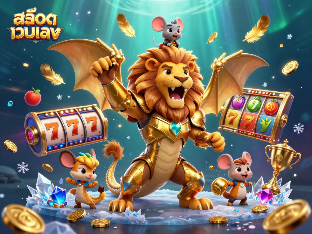 Experience สล็อตเว็บตรง thrills with dynamic slot reels and a roaring chimera in a rich, 3D casino scene.