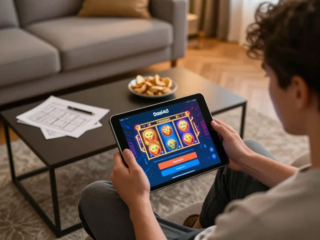 Terlibat dalam slot online melalui dasi4d login di tablet sambil menikmati camilan dan catatan strategi.