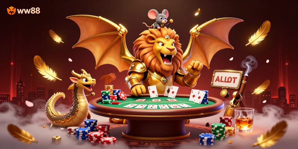 Experience the thrill of ww88 with our triumphant chimera and mouse jockey at a vibrant poker table, showcasing dynamic gaming elements.