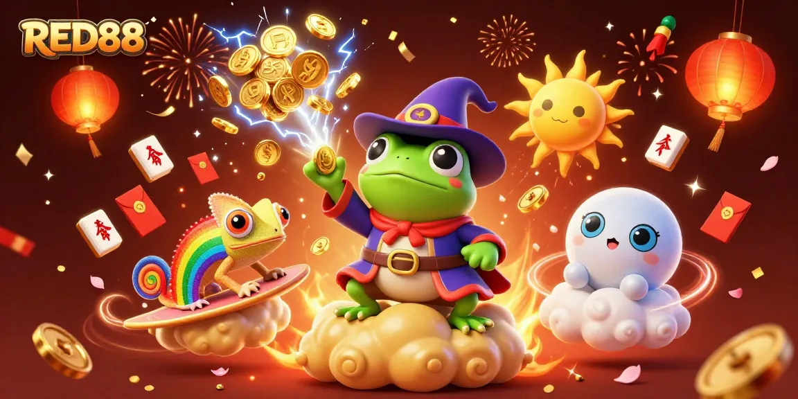 Unleash your luck at RED88 with a vibrant casino celebration featuring a gold coin storm and magical creatures.