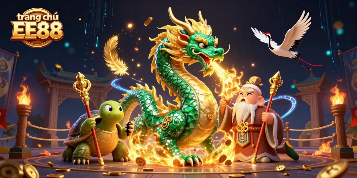 Engage with the exciting world of trang chủ EE88 through a dynamic 3D illustration featuring a jade dragon and lucky cranes.