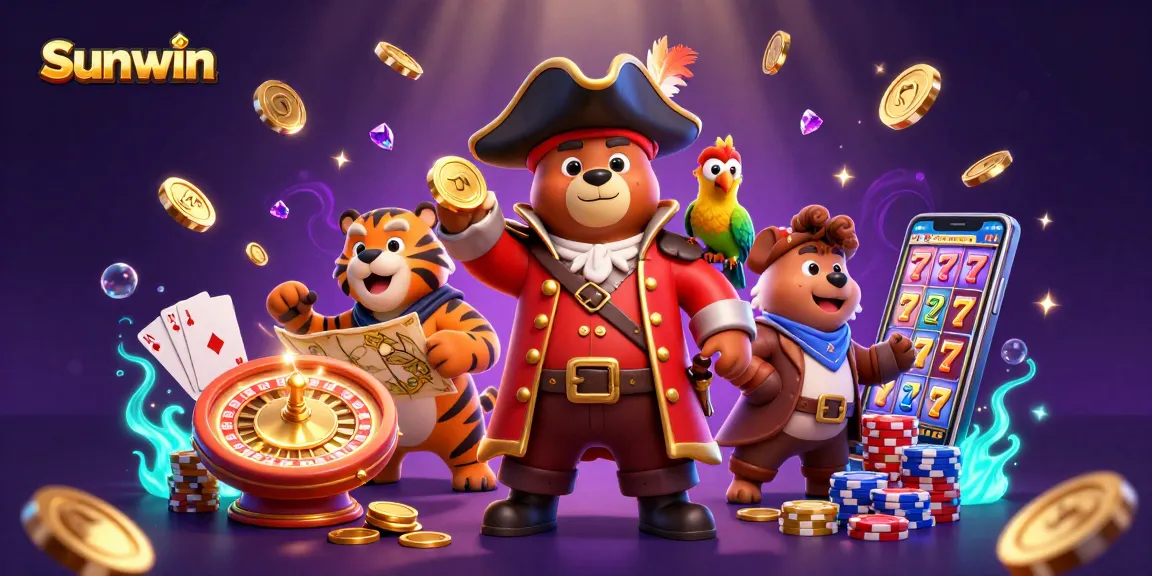 Engage in thrilling gaming adventures with Sunwin, featuring lively characters and dynamic casino elements.