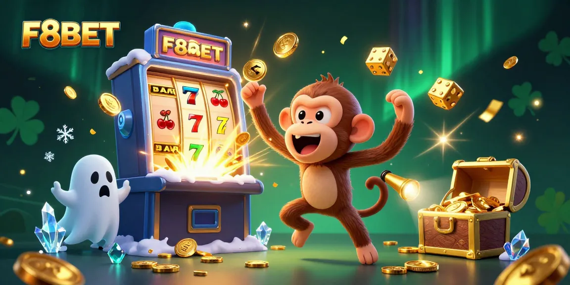 Experience the thrilling action of F8BET in this vibrant 3D casino illustration with a mischievous monkey.