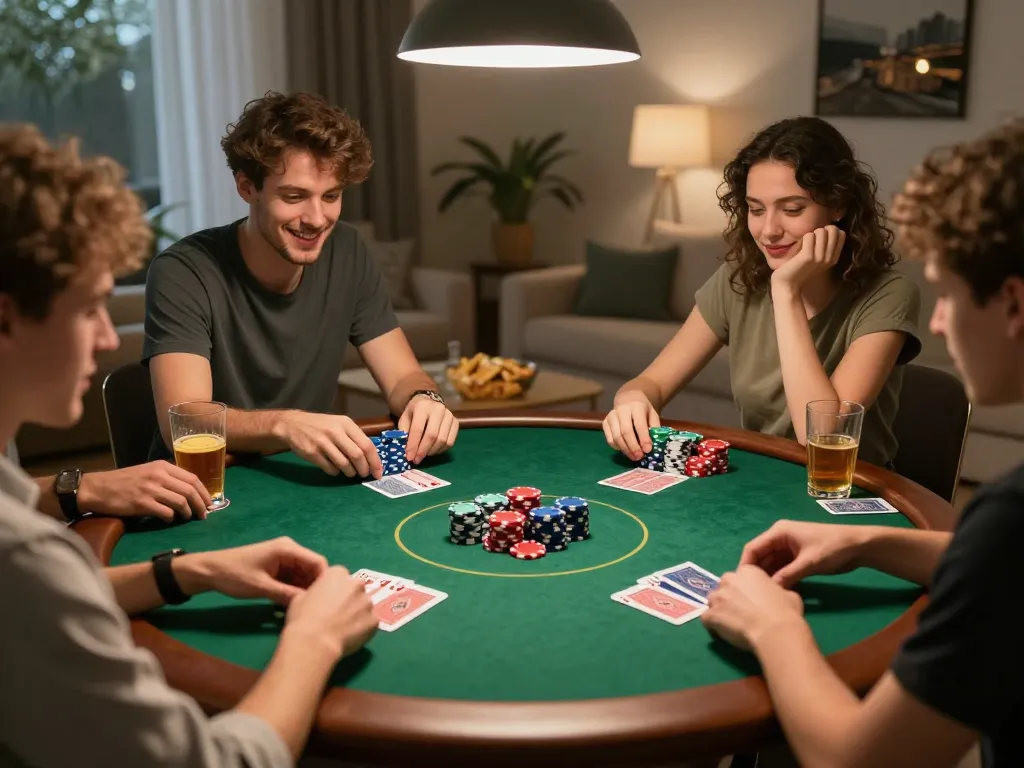 Engaging friends enjoying ดูหนังออนไลน์ฟรี during a competitive poker night with chips and cards.