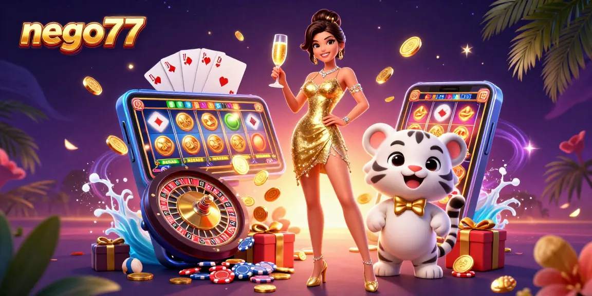 Nego77 offers a vibrant casino experience with a glamorous scene showcasing a lucky tiger cub, champagne, and dynamic slot games.