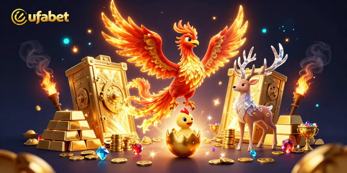 Experience ufabet excitement with a vibrant 3D scene featuring phoenixes, treasure, and casino elements.