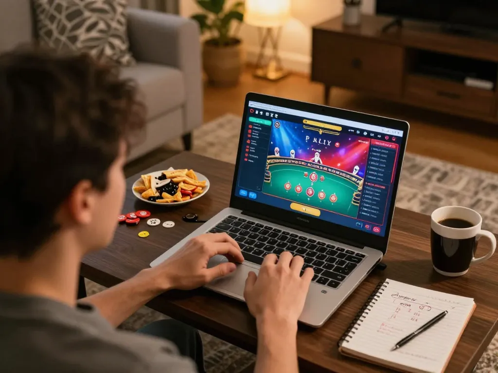 Engaging in ดูหนังออนไลน์ฟรี at home with a laptop poker gaming setup, cozy atmosphere
