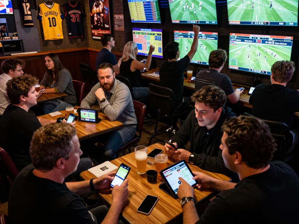 Engaged bettors at Nhà cái KONG88 using smartphones to place bets in an exciting sports bar setting.