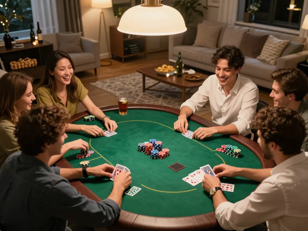 Live poker game with friends creating a lively atmosphere at Tg88 trang chủ, showcasing social interaction and strategy.