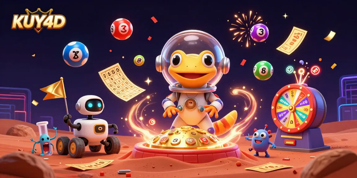 KUY4D menampilkan gecko Mars 3D dalam helm gelembung di kasino emas, merayakan dengan bola lotere berwarna-warni.