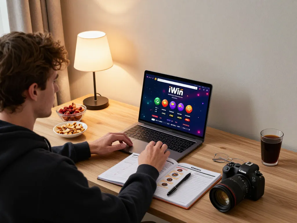Player engaging in online iWin casino game at a cozy home setup with a betting notebook.