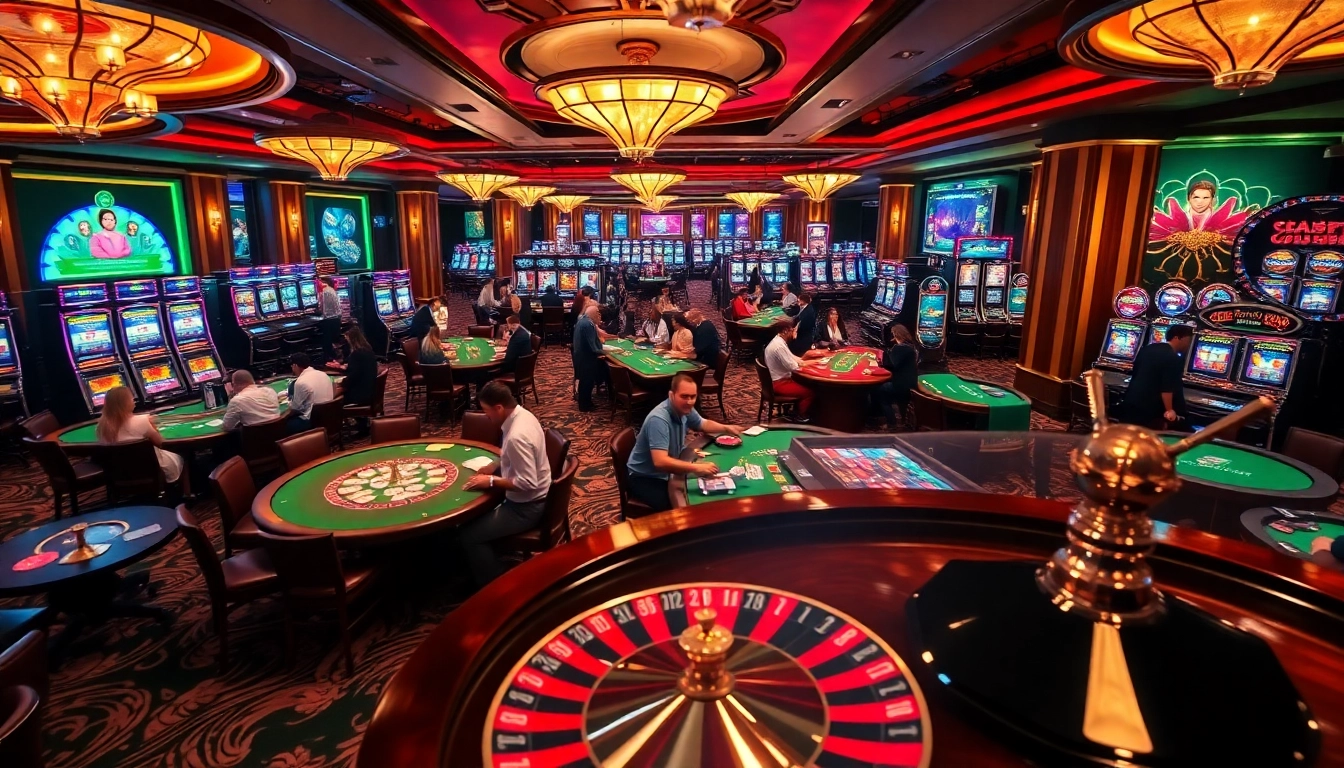 Excited gamblers at tables and slot machines in a luxurious casino setting related to https://luck8r1.com.
