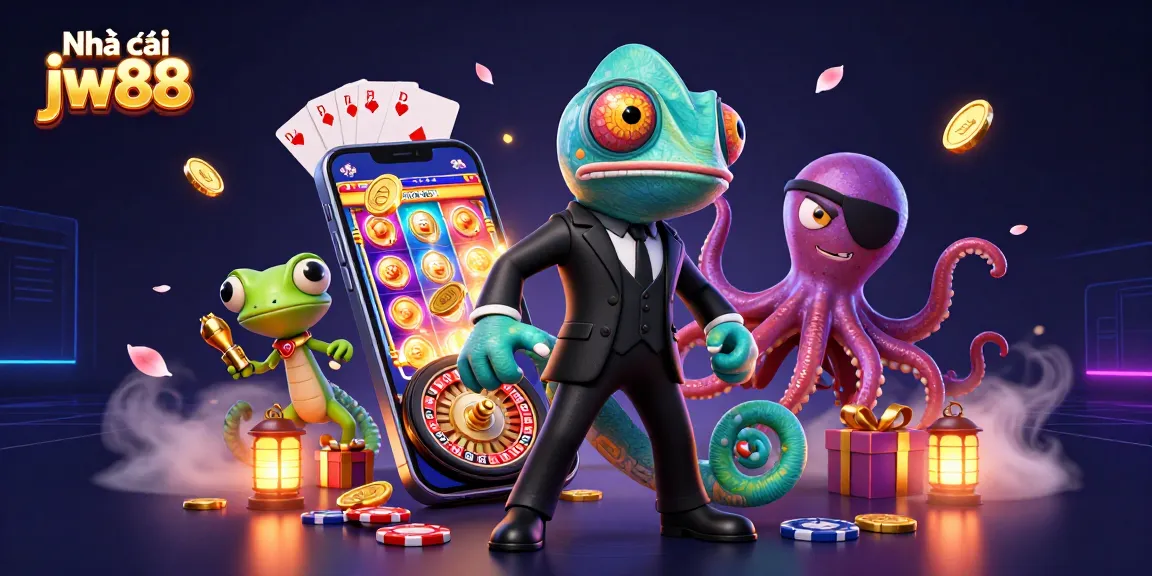 Join the action at Nhà cái jw88 with a vibrant 3D scene showcasing exciting casino elements and characters.