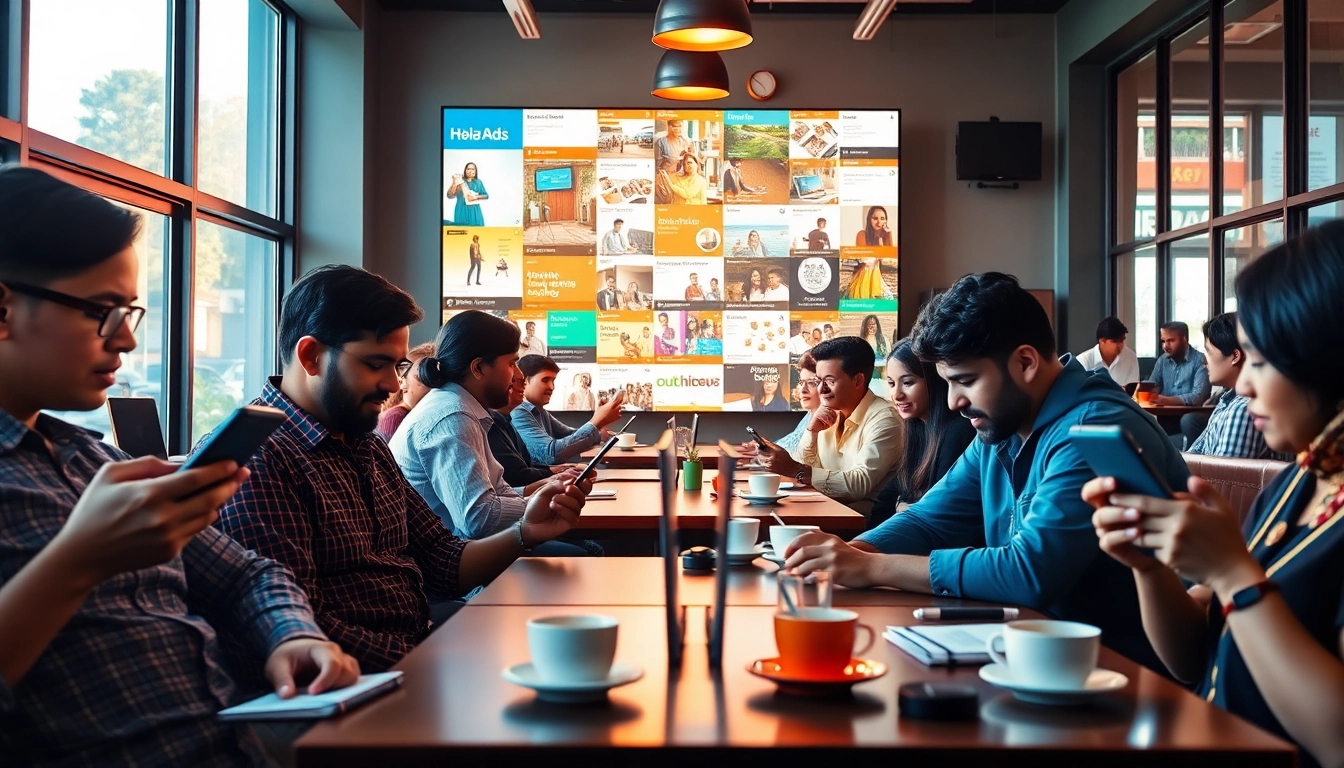 Engaging scene of users exploring Hela Ads on digital devices in a lively setting, showcasing online classifieds.