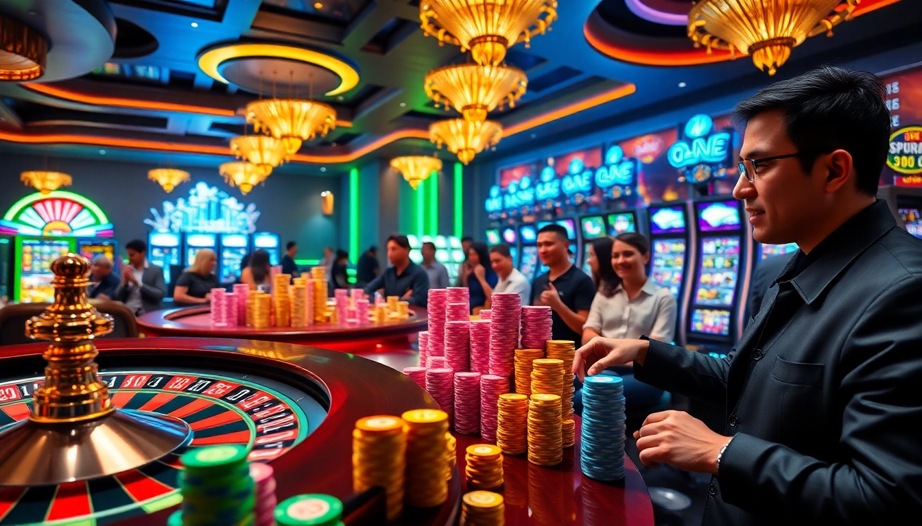 Experience thrilling gaming action with 8kbet cc featuring vibrant slot machines and poker chips.