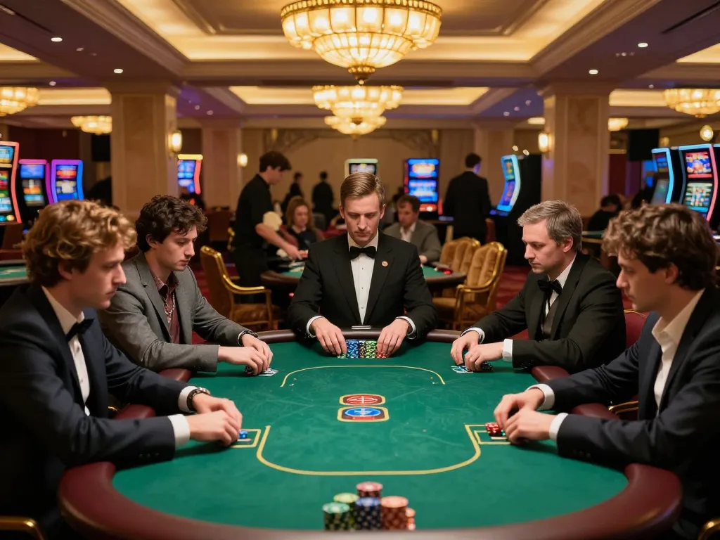 Engaged players at tg88 table during high-stakes poker game in chic casino.