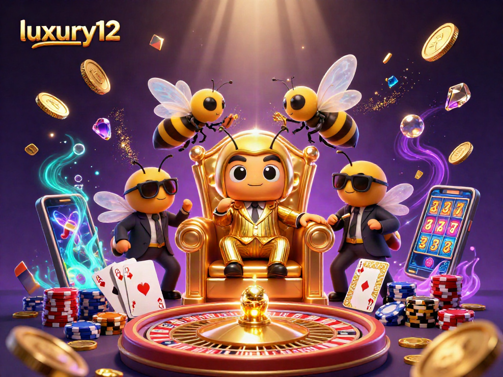 Menangkan jackpot di luxury12 dengan simbol slot berkilauan dan karakter menarik di latar belakang kasino.