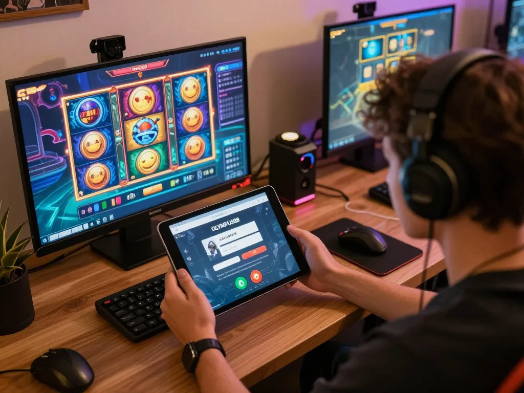 Engaging with OLYMPUS88 login on tablet illustrating vibrant online gambling experience.