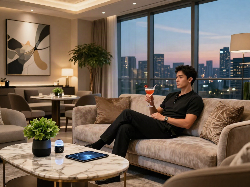 Gaya hidup mewah luxury111 di ruang tamu penthouse modern dengan pemandangan kota yang menakjubkan.