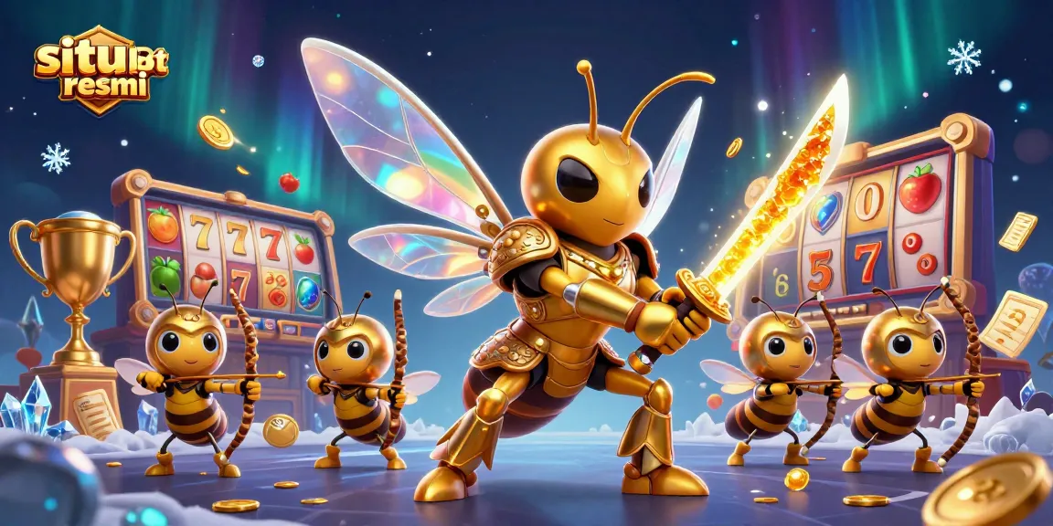 Play exciting slot games at situs slot resmi with a vibrant 3D illustration featuring a golden hornet samurai.