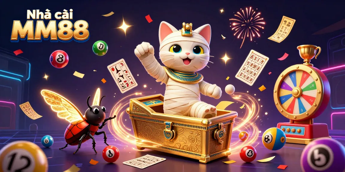 Engage with Nhà cái MM88's vibrant casino world, featuring a mummy cat and dynamic gaming elements.