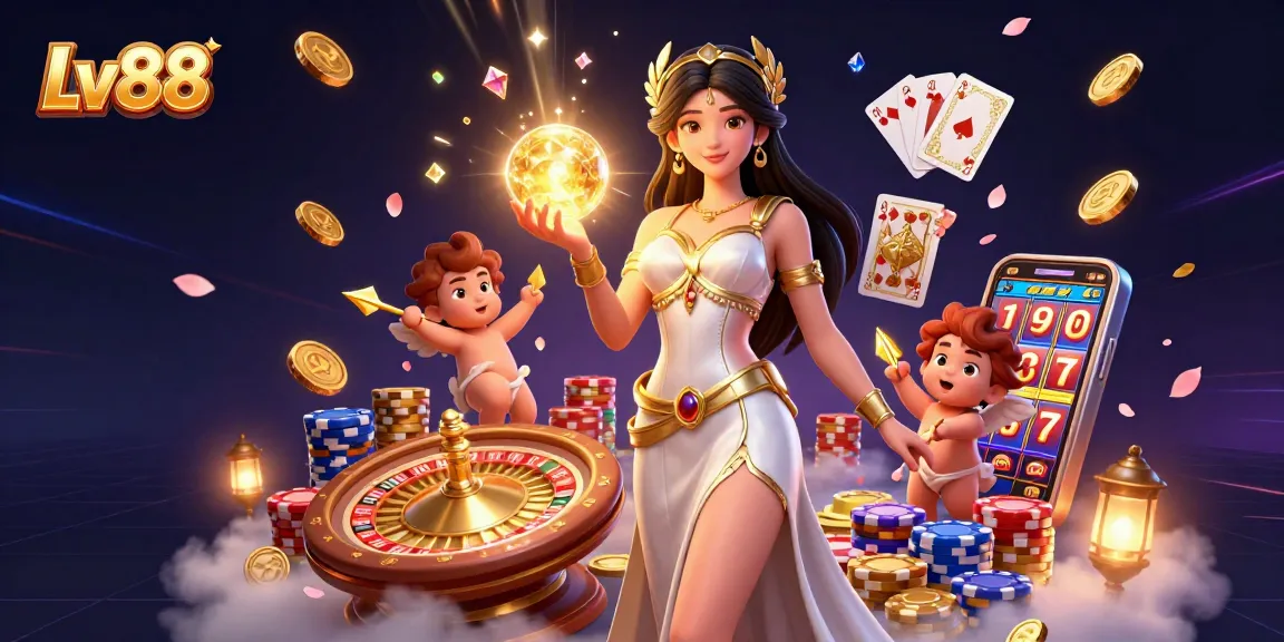 Experience thrilling gameplay at Lv88 with this vibrant casino scene filled with golden coins and gems.