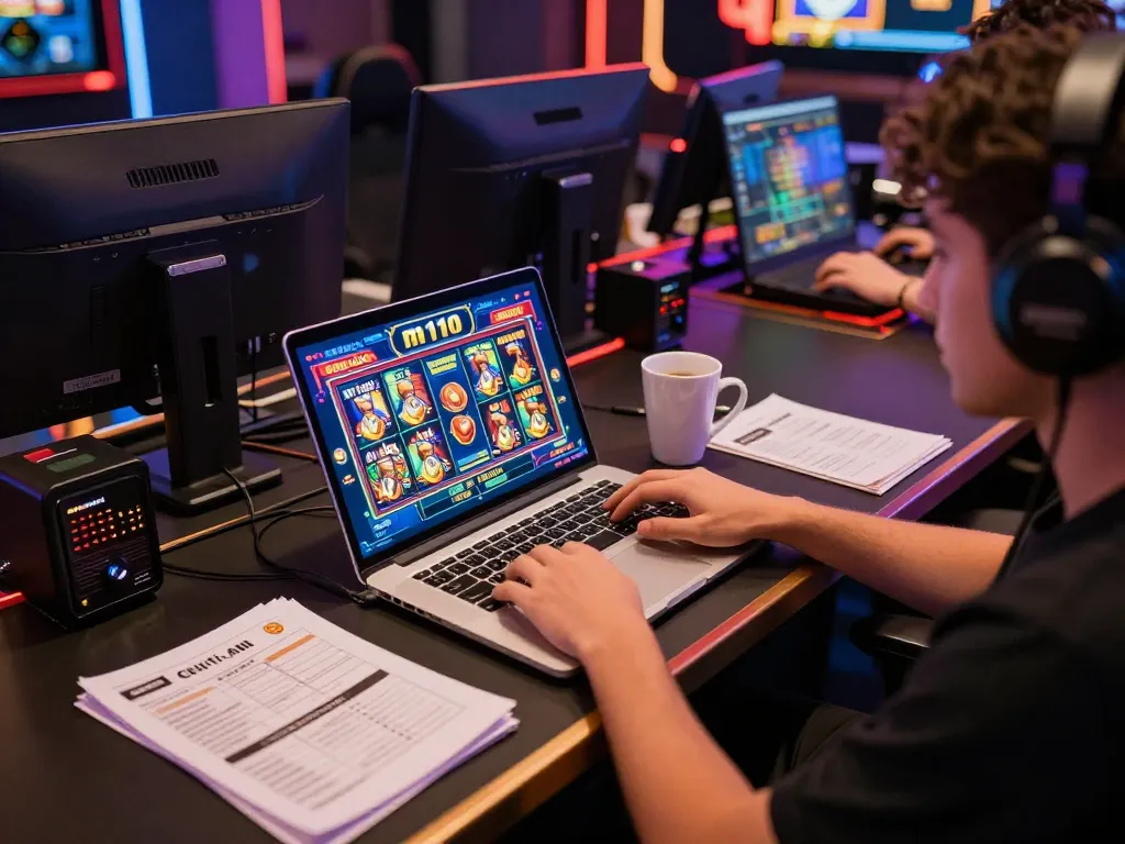 Engaged player experiencing m110 slot game on laptop, showcasing online gambling excitement