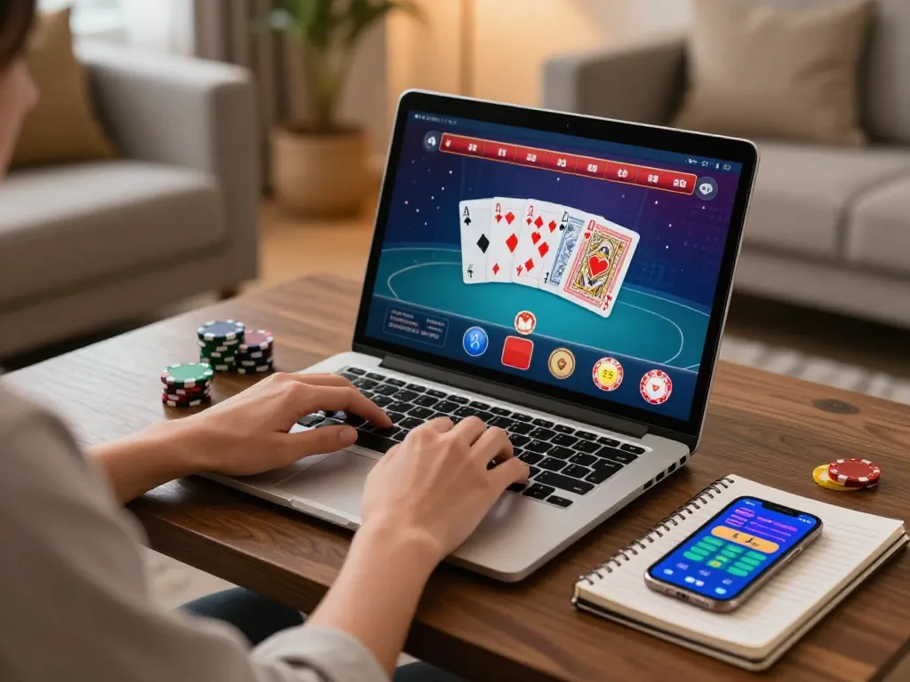 Engaging in an online poker game at home with sunwin's platform, showcasing strategy and excitement.