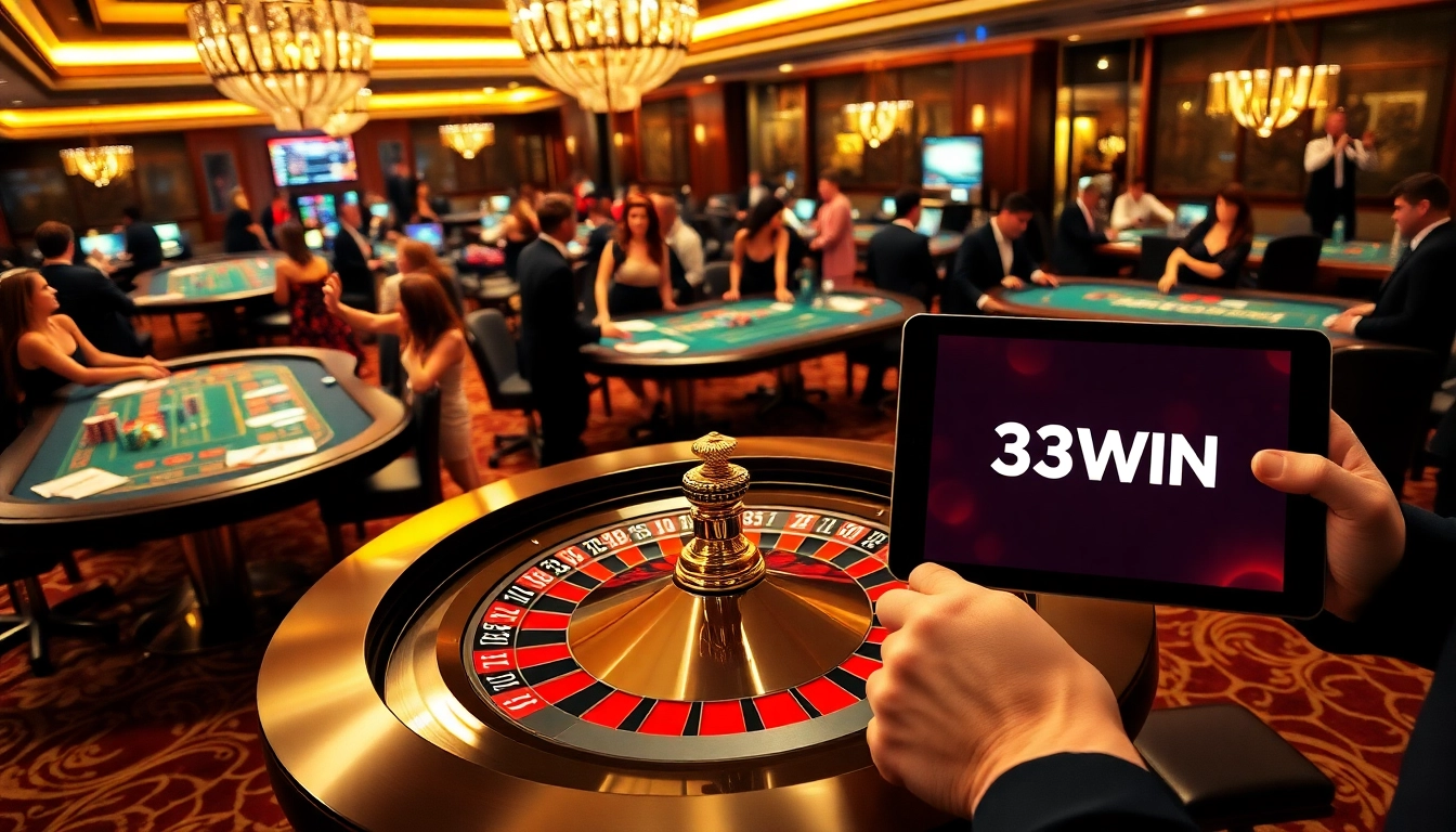 A thrilling casino scene showcasing exciting roulette action at 33WIN, with vibrant tables and enthusiastic players.