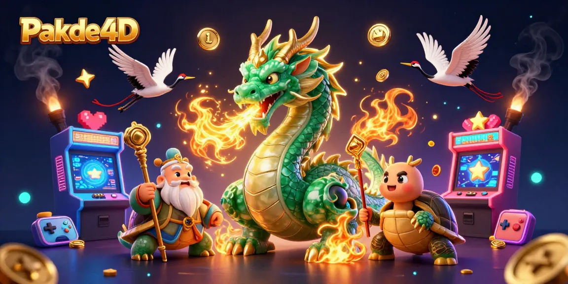 Pakde4D engages players with an illustration featuring a jade dragon, casino elements, and vibrant gaming icons.