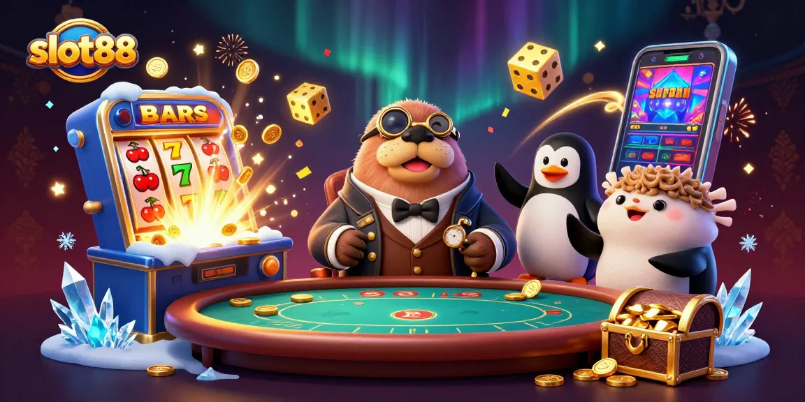 Slot88 menampilkan walrus dan penguin di meja poker bawah laut yang penuh dengan koin dan simbol keberuntungan.