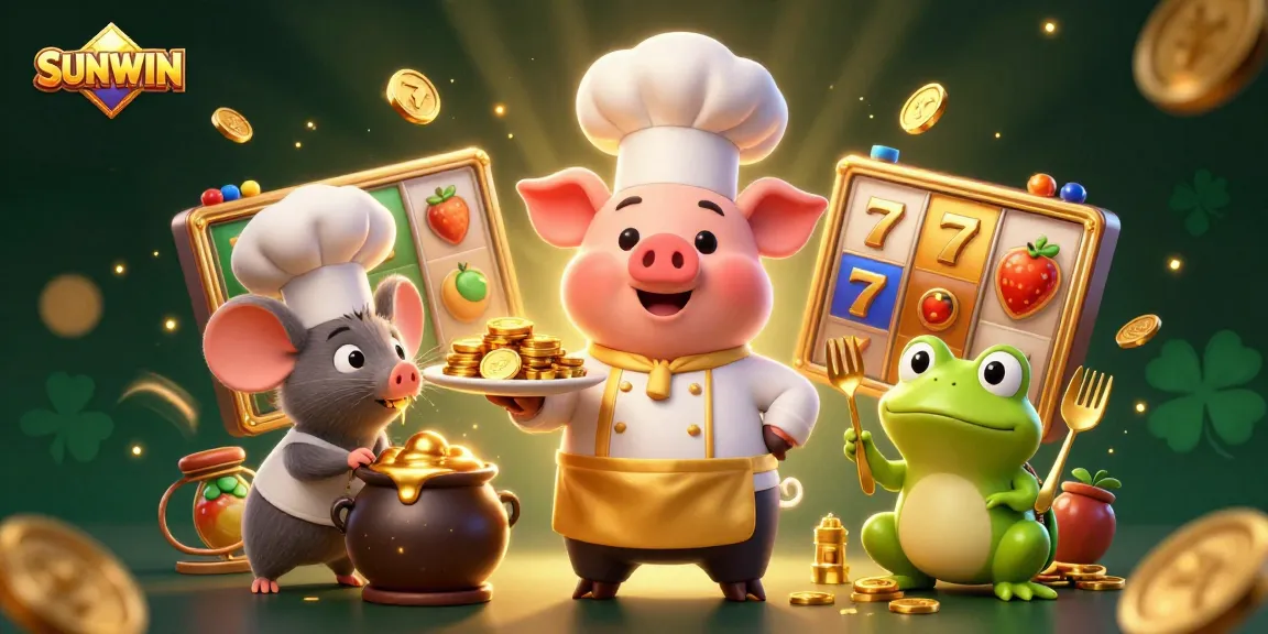 SUNWIN presents a rich 3D casino scene with chef pig, sous-chef mouse, and critic frog amidst slots themes and gold coins.