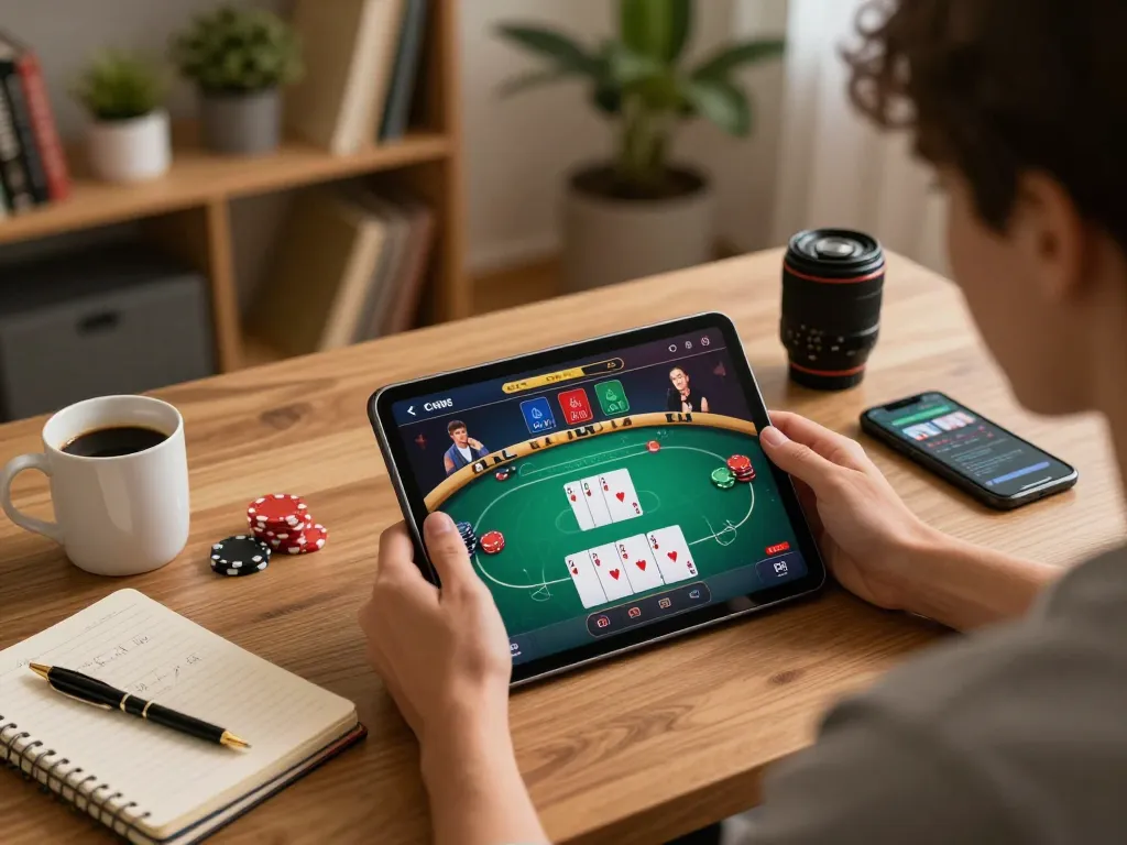 Kuwin user strategizing while playing an online poker game on a tablet in a cozy home setting.