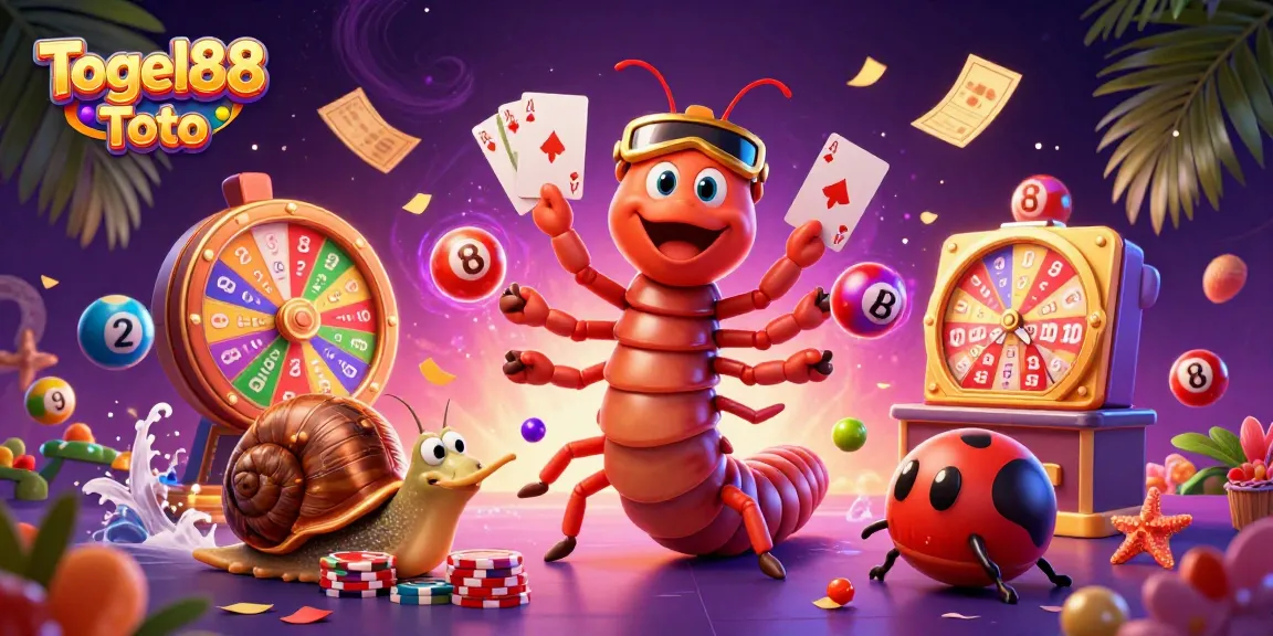 Togel88 Toto presents an exciting scene with vibrant lottery balls and cheerful game characters, enhancing your gaming experience.