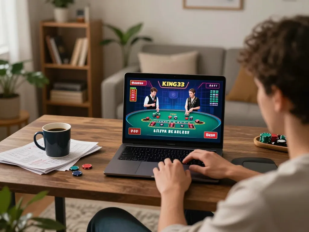 Engaging in online gameplay at king33 casino, showcasing a user’s laptop with live dealer game interface