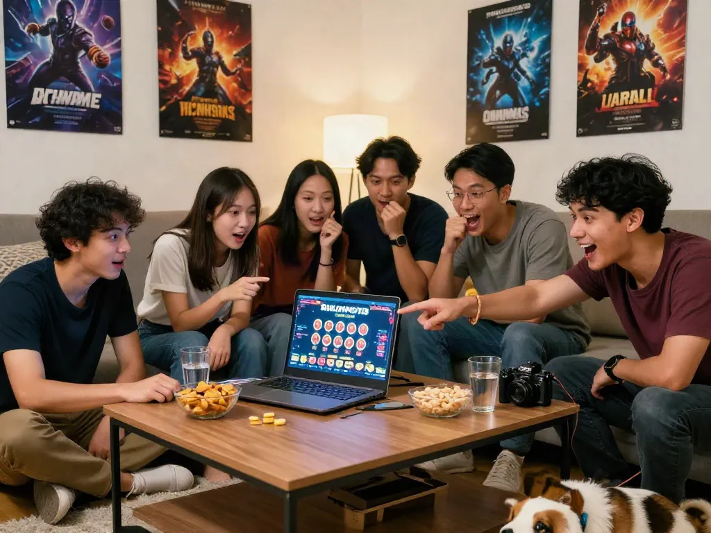 Tampilan menarik kumpulan teman menikmati momen taruhan sambil menonton live draw bukumimpi138 link di rumah.